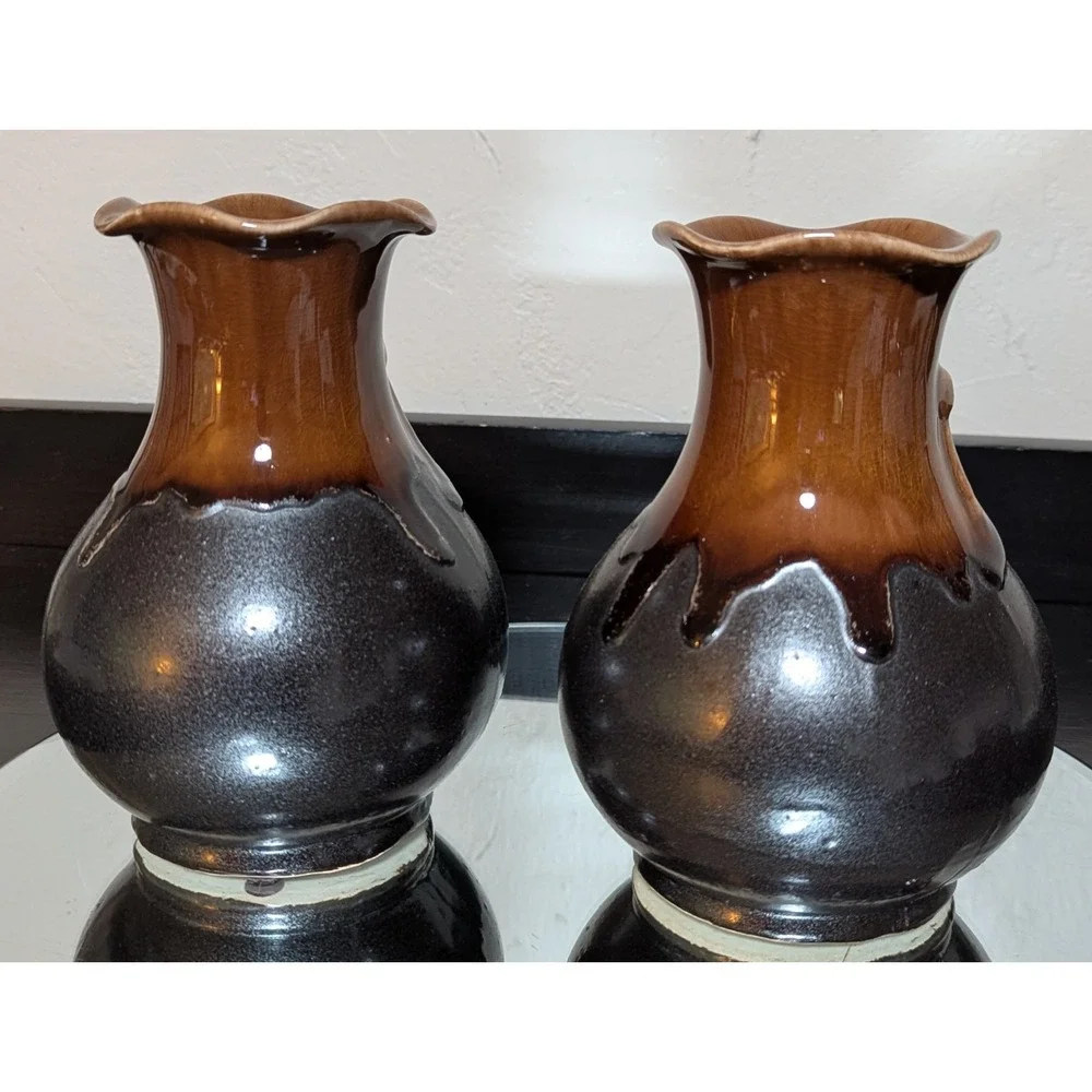 Vintage Flowers & Bows Raku Crackle Drip Glazed Scalloped Edge Vases, Set of Two